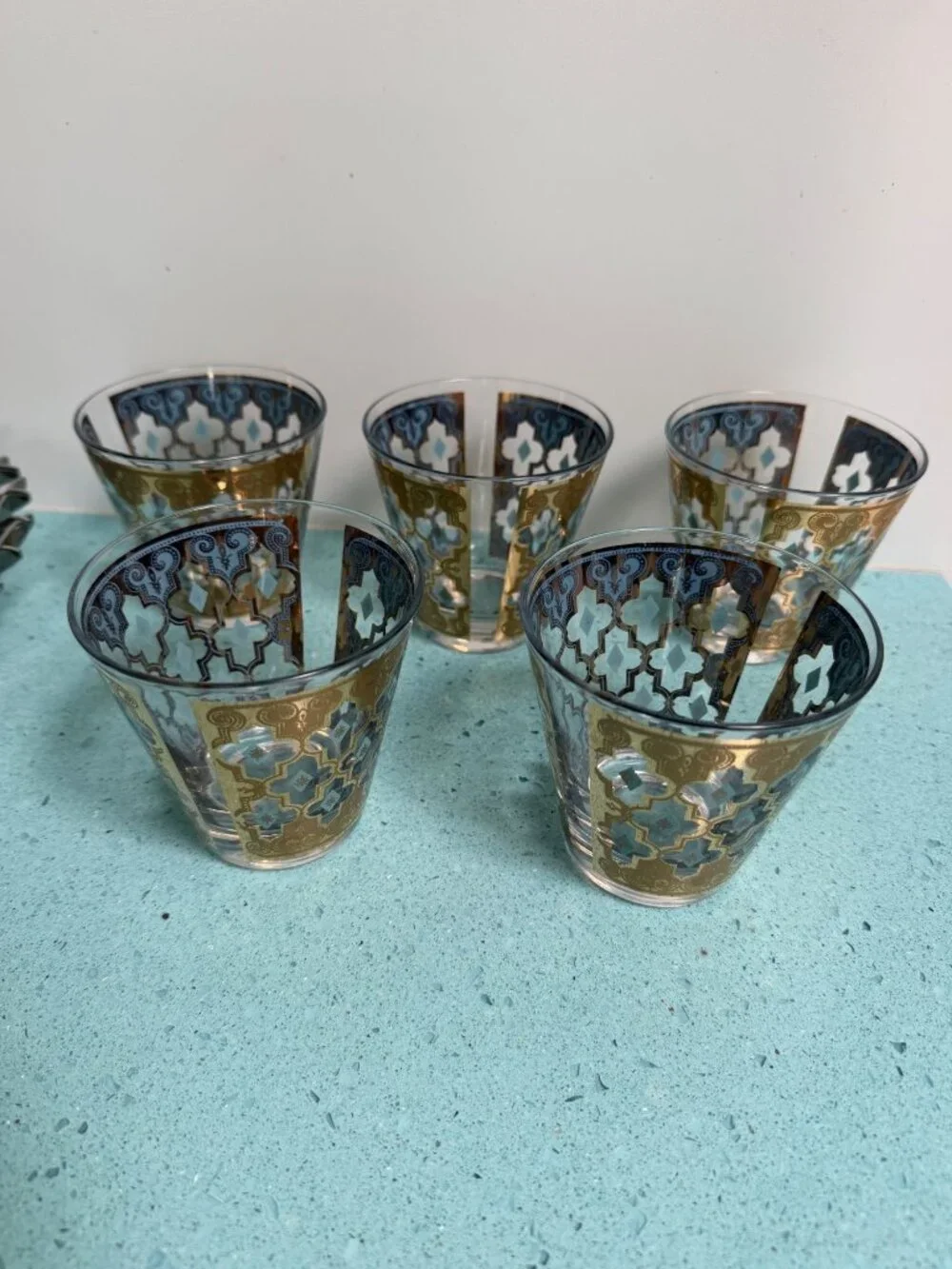 Culver Set of 5 MCM Seville 22K Gold Lattice Cocktail Glass Blue Vintage Rare